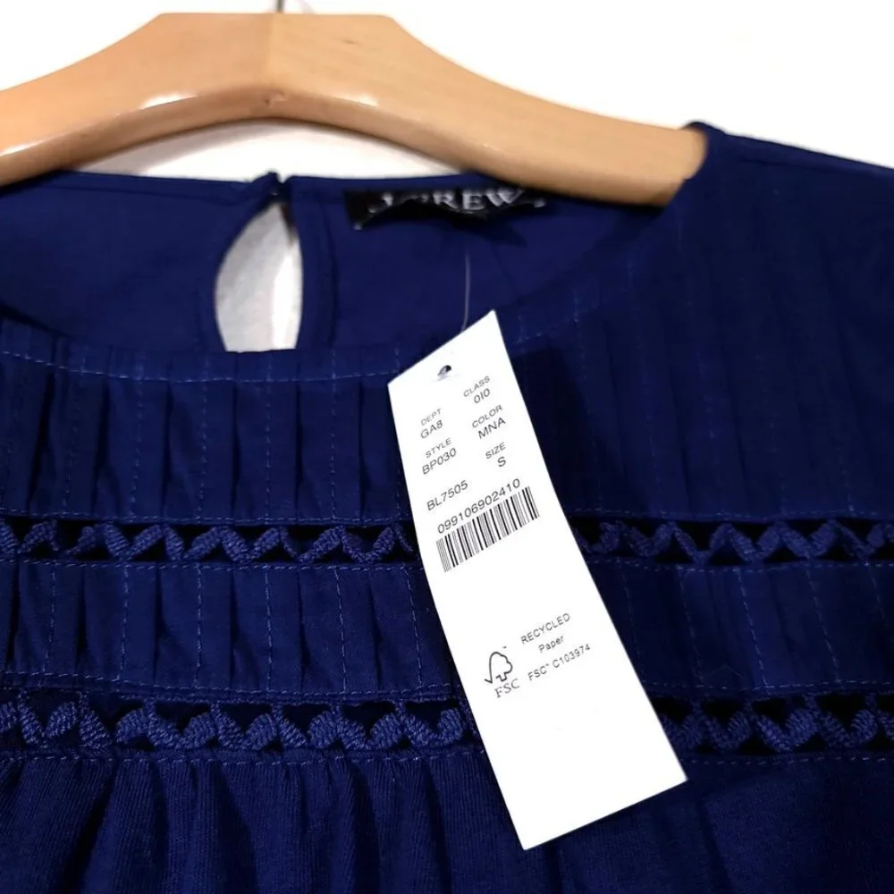 NEW J Crew Cottagecore Lace Trim Puff Sleeve Shirt Mediterranean Navy Blue Small